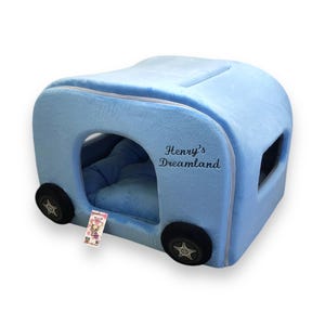 Blauwe hondencaravan met wielen Aangepaste luxe hondenautomand Designer hondenmand Gepersonaliseerd hondenhok Hondenrijset Verjaardagscadeau voor de hond