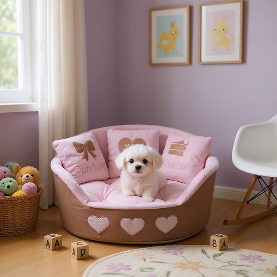 ブラッシュピンクのプリンセス犬用ベッド：枕付きフェイクレザーペット