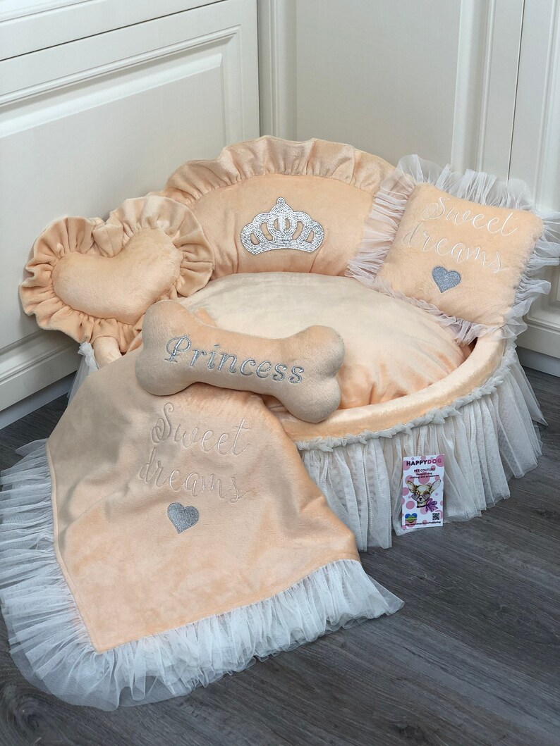 Peach Princess Dog Bed With Crown Sparkles Designer Pet Bed Etsy