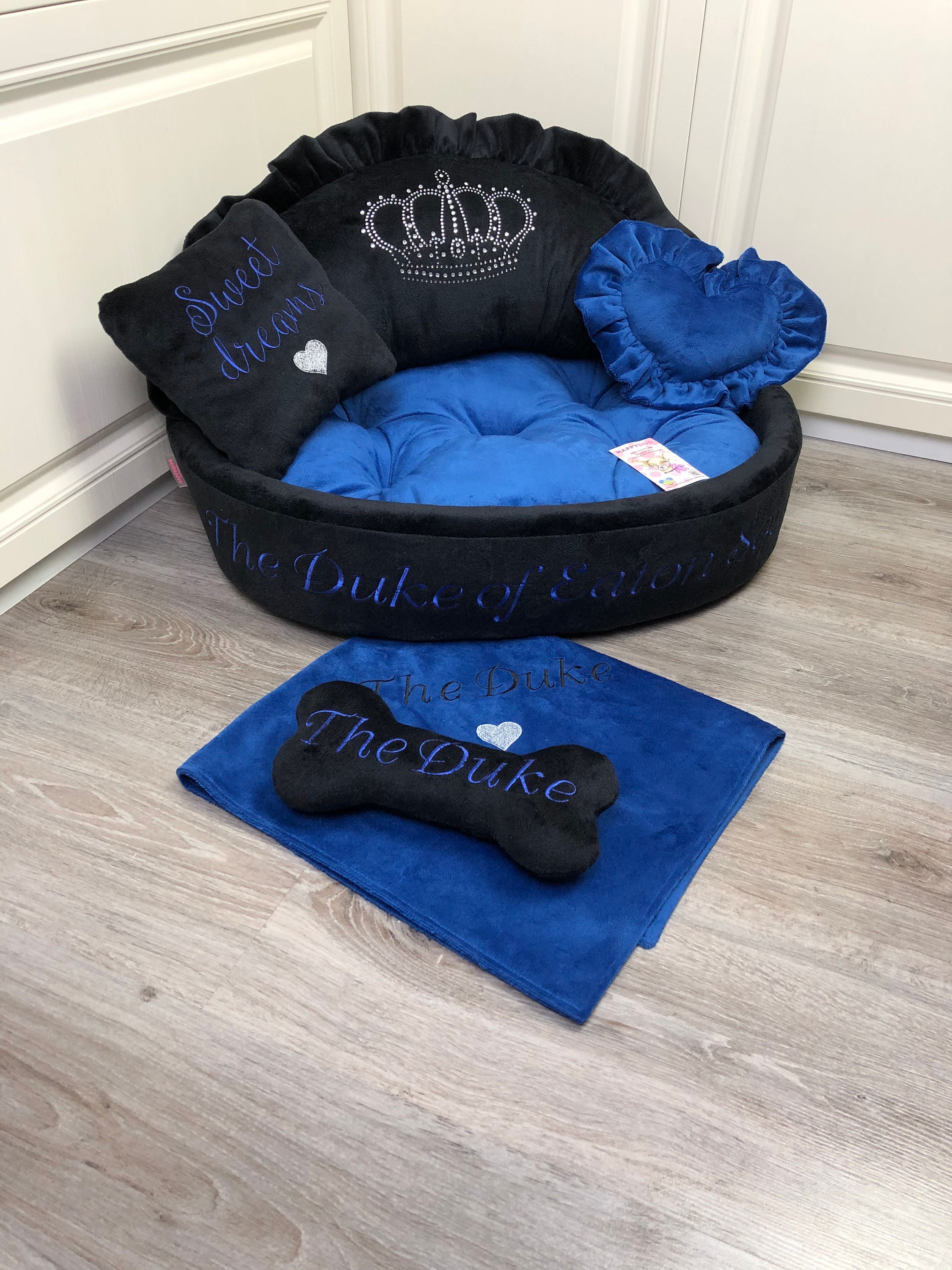 Black and Navy Blue Luxury Dog Bed With Crown Sparkles 