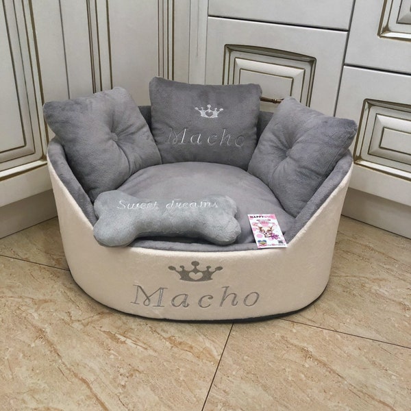 Light gray and cream personalized dog bed  Luxury bed for dog Grey bed for dog Designer pet bed Cat bed Custom made dog bed Royal dog bed