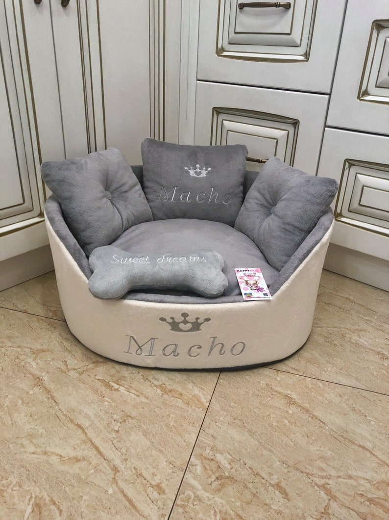 Light gray and cream personalized dog bed Luxury bed for dog Grey bed for dog Designer pet bed Cat bed Custom made dog bed Royal dog bed image 1