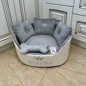 Light gray and cream personalized dog bed Luxury bed for dog Grey bed for dog Designer pet bed Cat bed Custom made dog bed Royal dog bed image 4