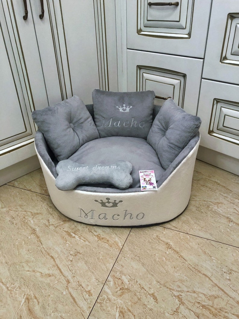 Light gray and cream personalized dog bed Luxury bed for dog Grey bed for dog Designer pet bed Cat bed Custom made dog bed Royal dog bed image 4