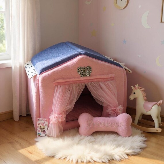 Pink & Blue Denim Dog House: Luxury Minky Fur Pet Bed - Etsy Denmark