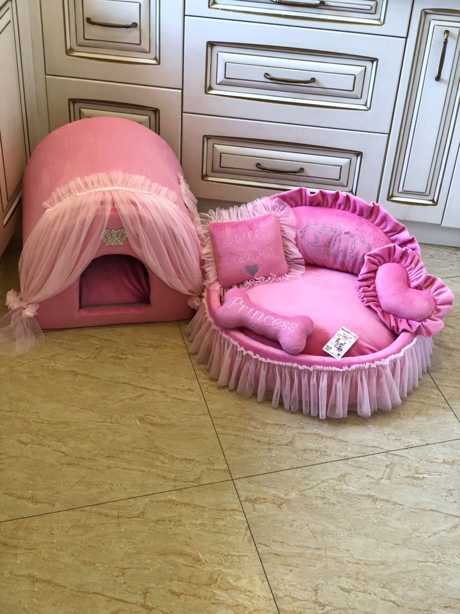 Pink Princess Dog Bed With Crown Sparkles Designer Pet Bed Cat Etsy