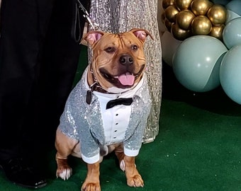 Silver sequins dog tuxedo with black bow tie Dog wedding attire Formal dog suit Swallow-tailed dog coat Birthday dog Custom made dog tux
