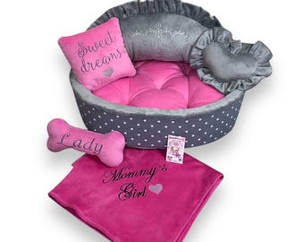 Luxury Pink Polka Dot Dog Bed: Personalized Princess Puppy Bed