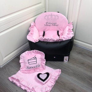Zwart en roze hondenautostoeltje Luxe roze autostoeltje Designer hondenautostoeltje Luxe hondenmand voor op reis Gepersonaliseerd autostoeltje voor hond