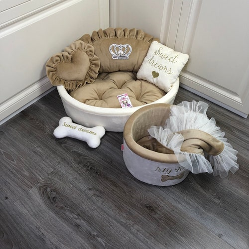 Cream and Golden Bespoke Dog Bed Personalized Puppy Bed Golden Etsy