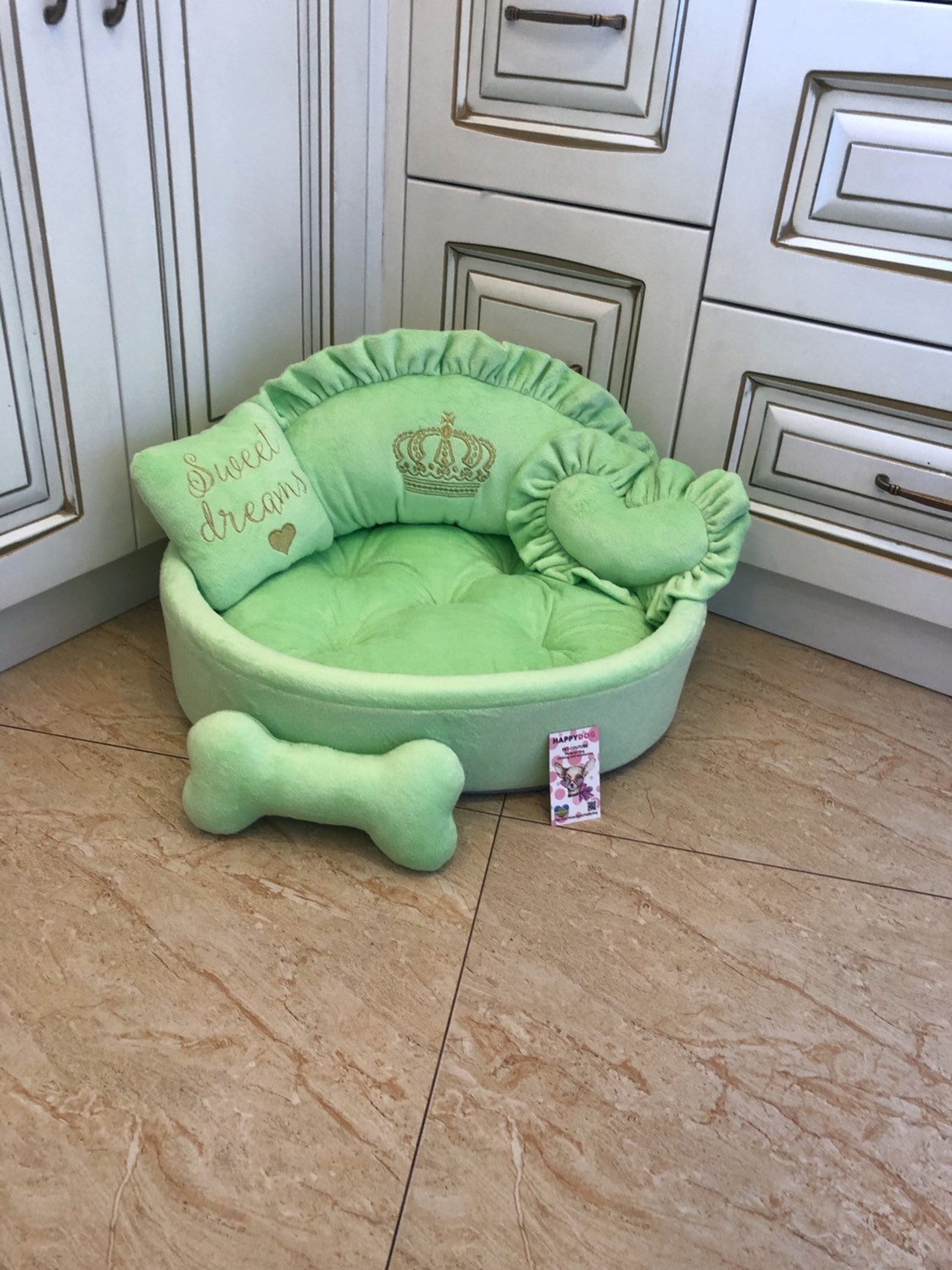Light green designer dog bed Princess dog bed Personalized dog Etsy