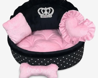 Black Polka Dot Dog Bed: Pink Minky Fur, Personalized Pet Bed