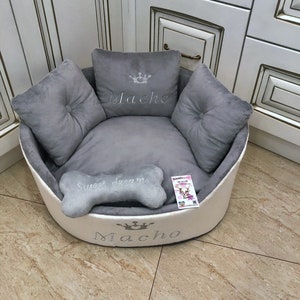 Light gray and cream personalized dog bed Luxury bed for dog Grey bed for dog Designer pet bed Cat bed Custom made dog bed Royal dog bed image 5