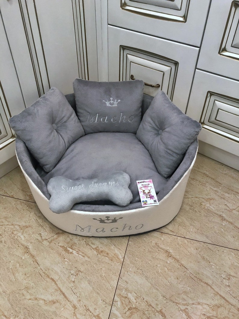 Light gray and cream personalized dog bed Luxury bed for dog Grey bed for dog Designer pet bed Cat bed Custom made dog bed Royal dog bed image 5