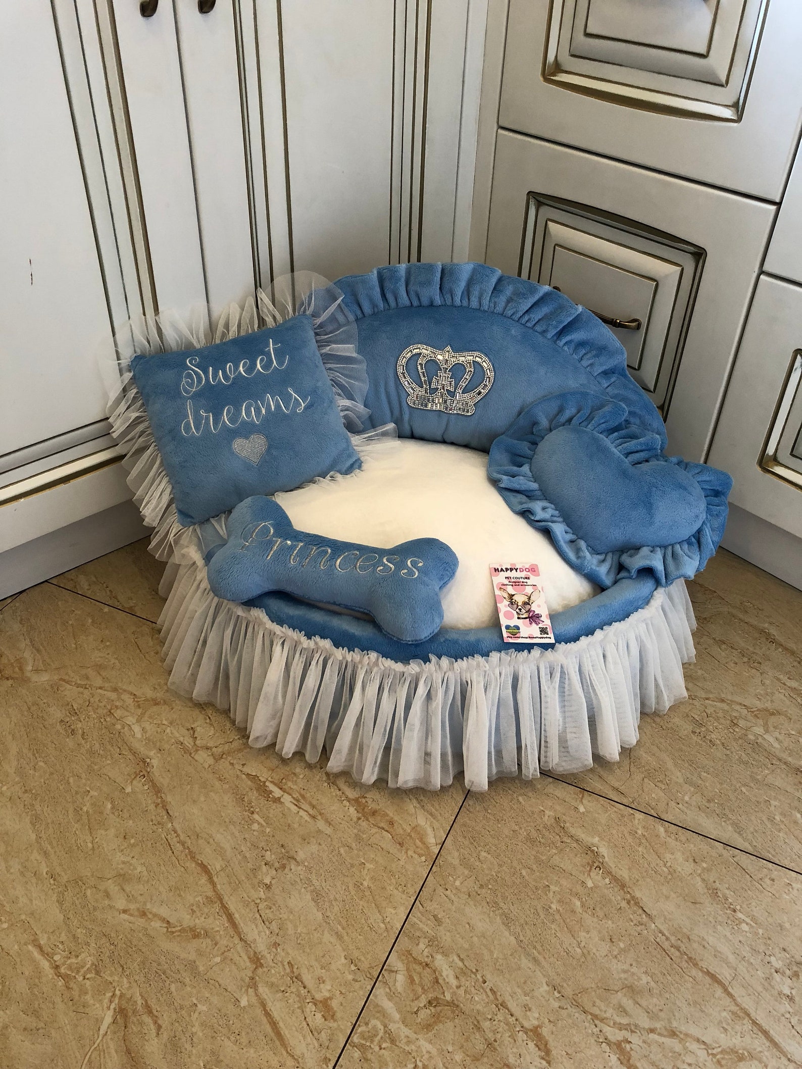 Blue Princess Bed With Crown Sparkles Designer Pet Bet Cat Bed Etsy