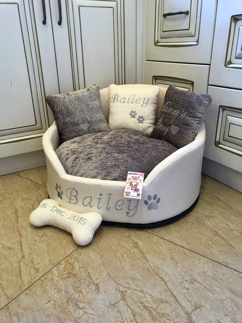 Grey and cream personalized dog bed Faux leather pet bed Etsy