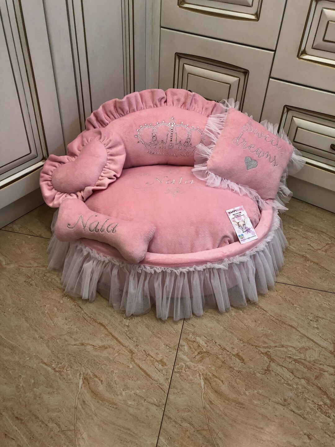 Baby Pink Princess Pet Bed Personalized Dog Bed With Tulle Skirt
