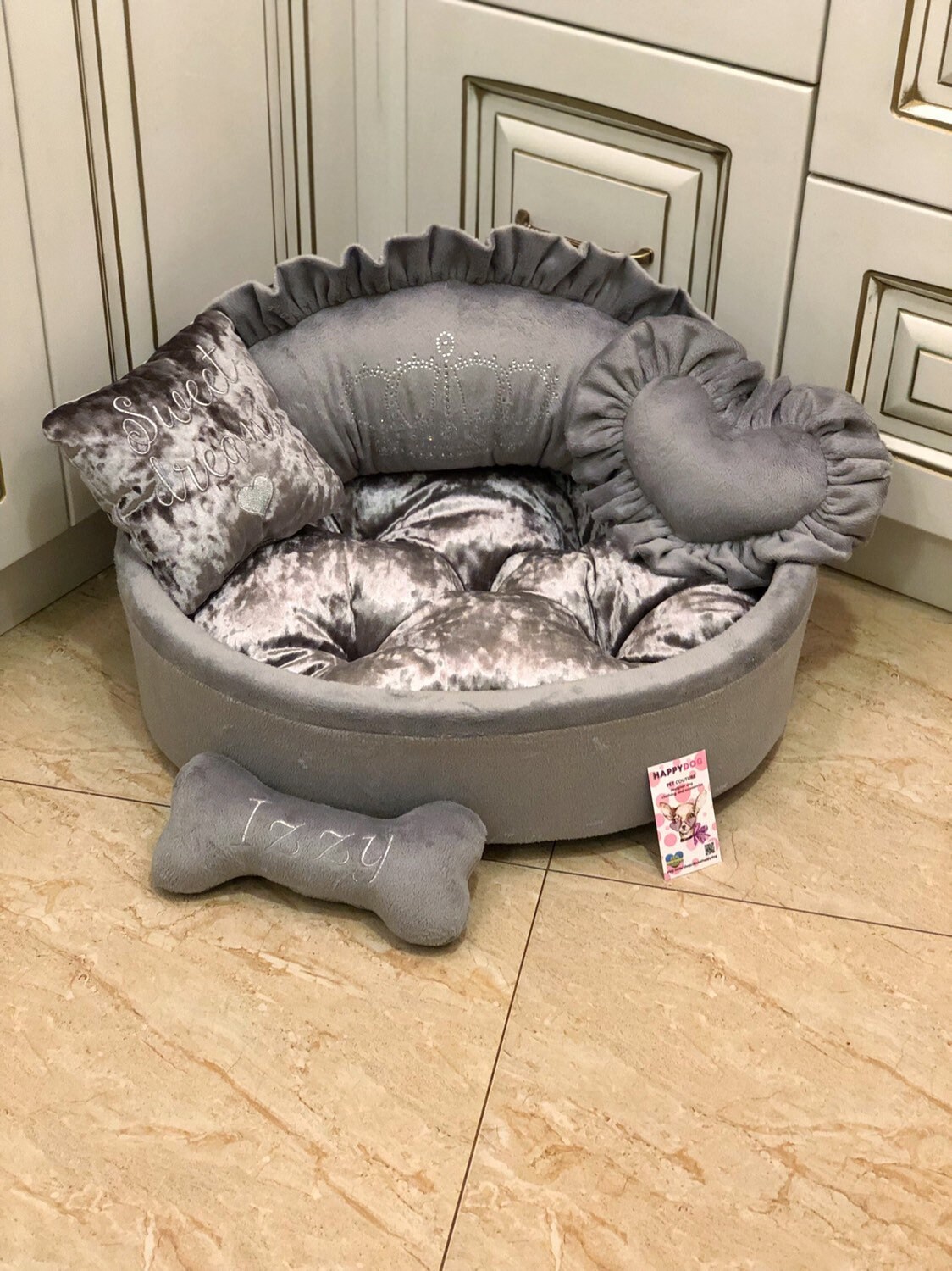Gray designer dog bed with crown rhinestones Personalized dog Etsy