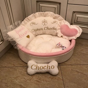 Cream and baby pink princess dog bed with golden embroidery Personalized dog bed Designer pet bed Cat bed  Baby pink puppy bed Luxury bed