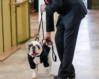 Esmoquin negro personalizado para perro: traje de boda de satén hecho a mano