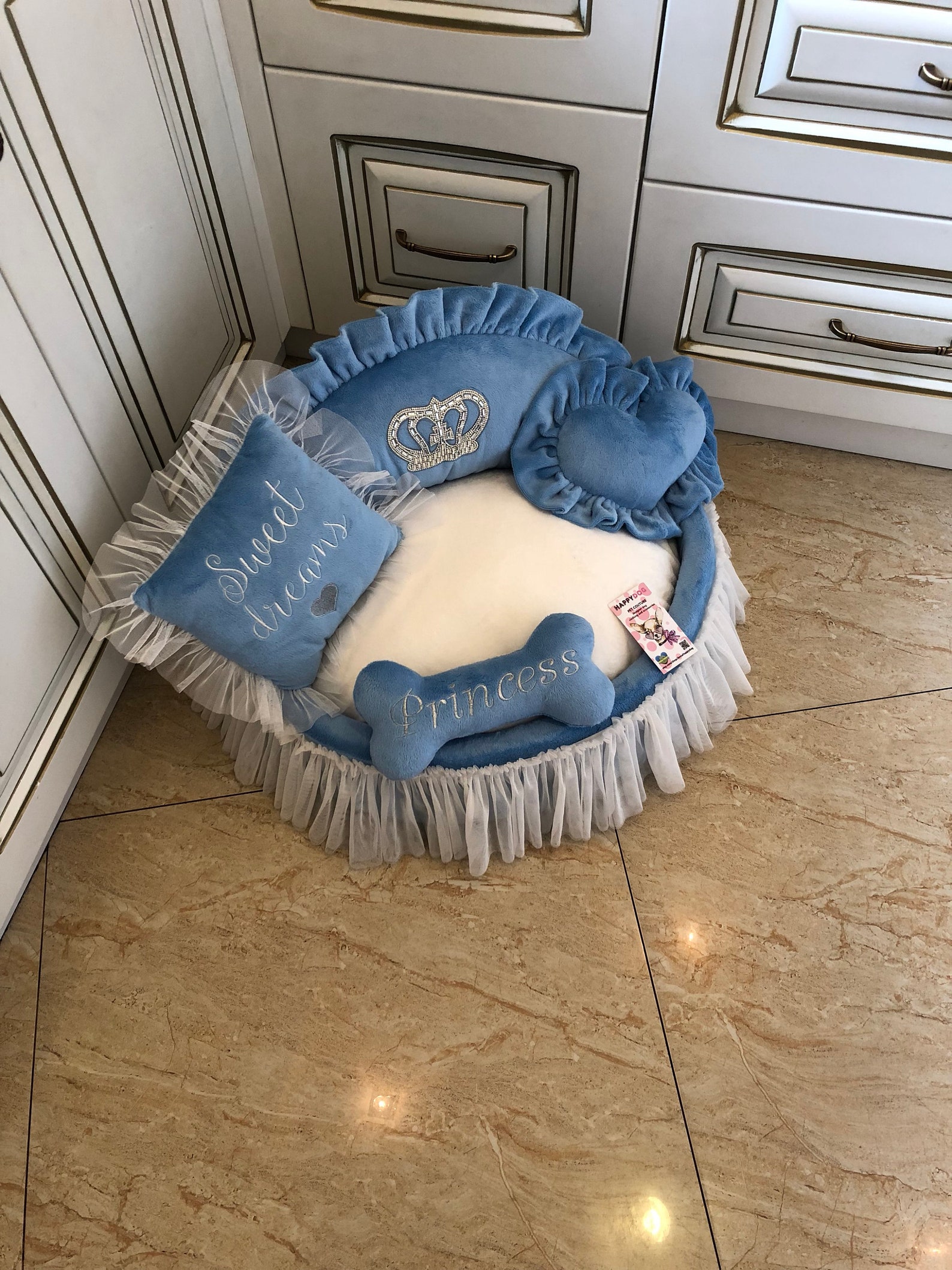 Blue Princess Bed With Crown Sparkles Designer Pet Bet Cat Bed Etsy