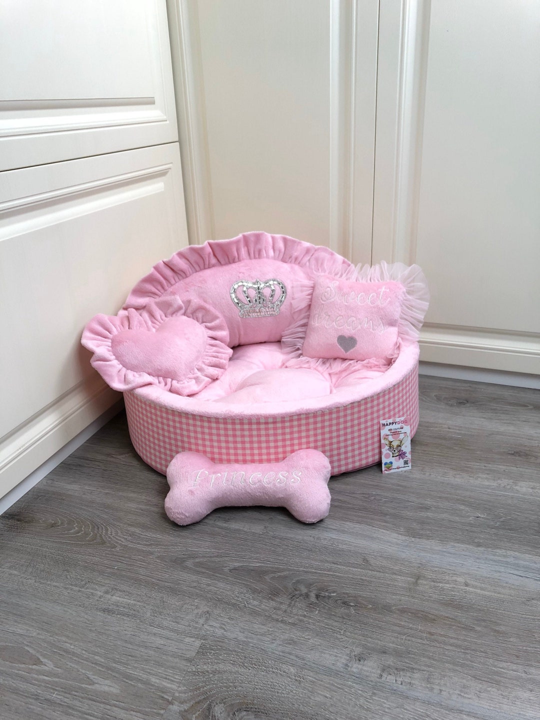 Baby Pink Princess Dog Bed Personalized Dog Bed Designer Tufted Dog Bed