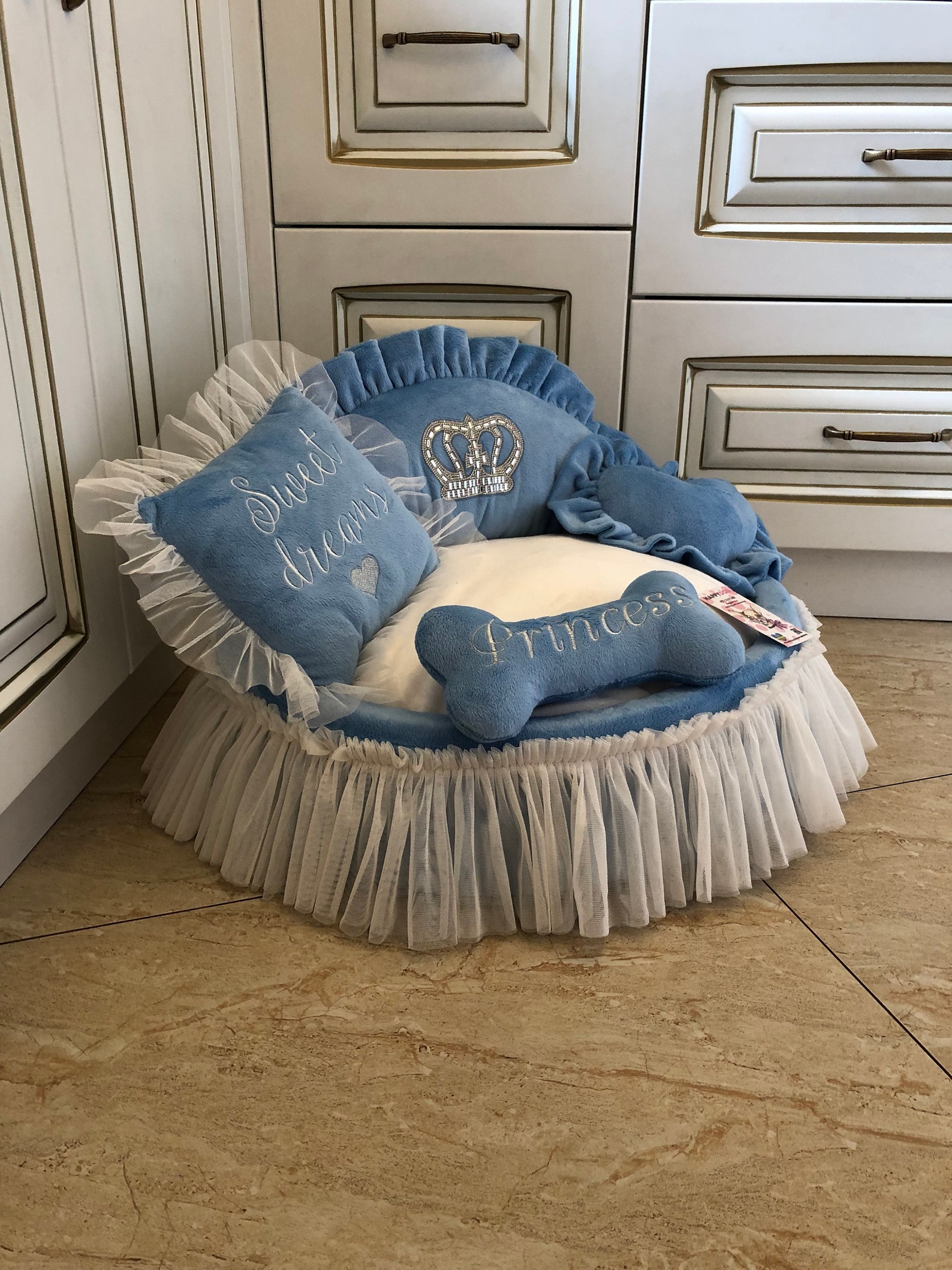 Blue Princess Bed With Crown Sparkles Designer Pet Bet Cat Bed Etsy