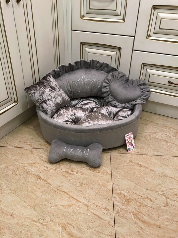 Gray Designer Dog Bed With Crown Rhinestones Personalized Dog 