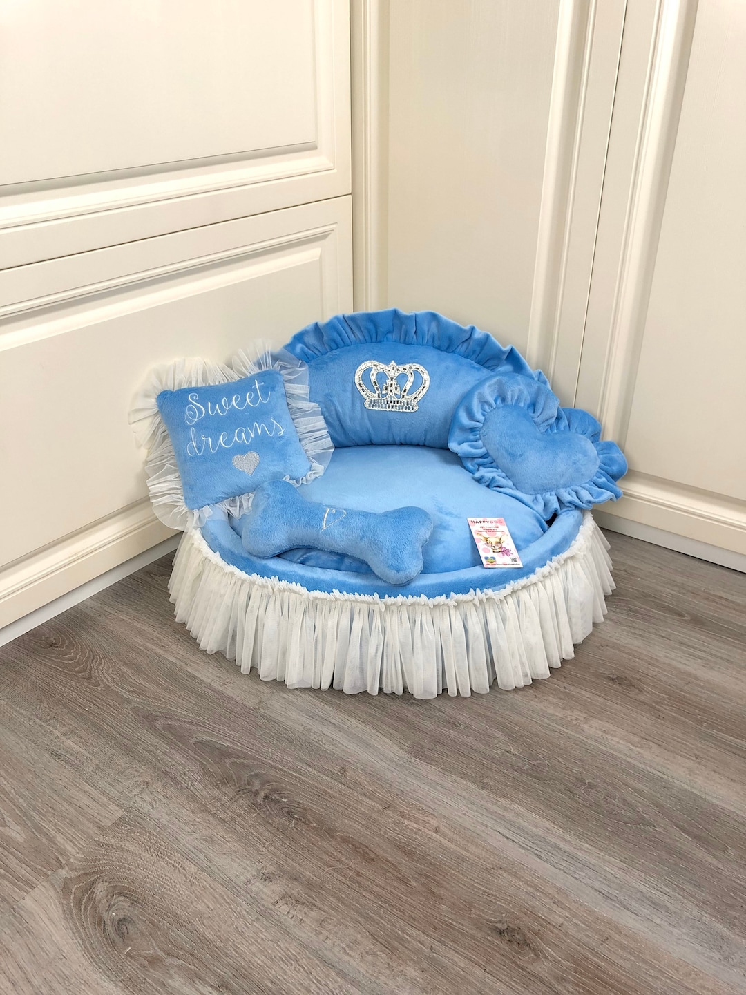 Baby Blue Bespoke Dog Bed Princess Dog Bed With Crown Sparkles Designer