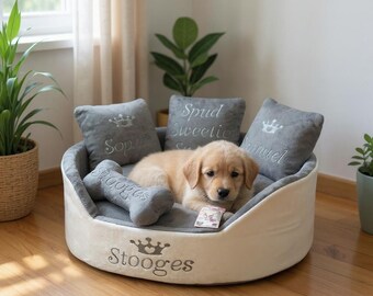 Personalized Dog Bed: Cream & Gray Minky Fur, Custom Pet Bed
