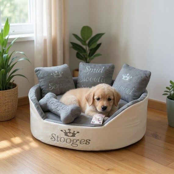 Personalisiertes Hundebett: Cremefarbenes & graues Minky Fell, Haustierbett nach  Ma - Etsy sterreich
