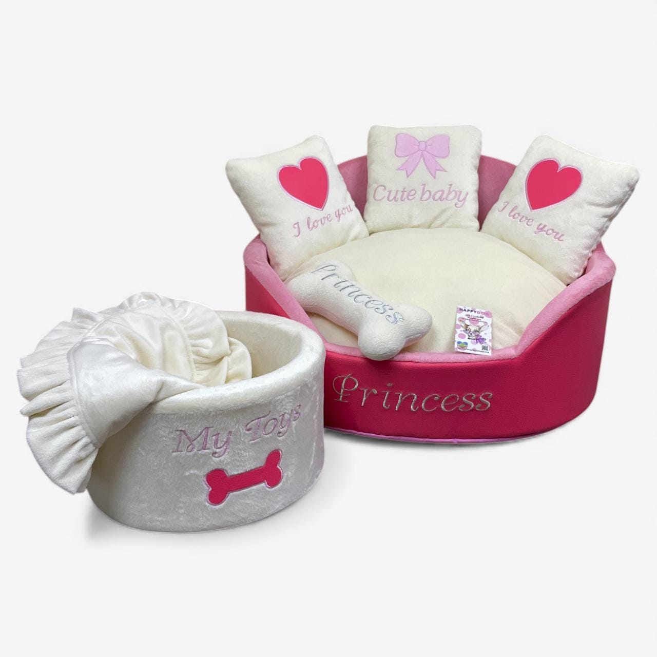 プリンセス犬用ベッドセット、ホットピンクエコレザー、小型犬/中型犬