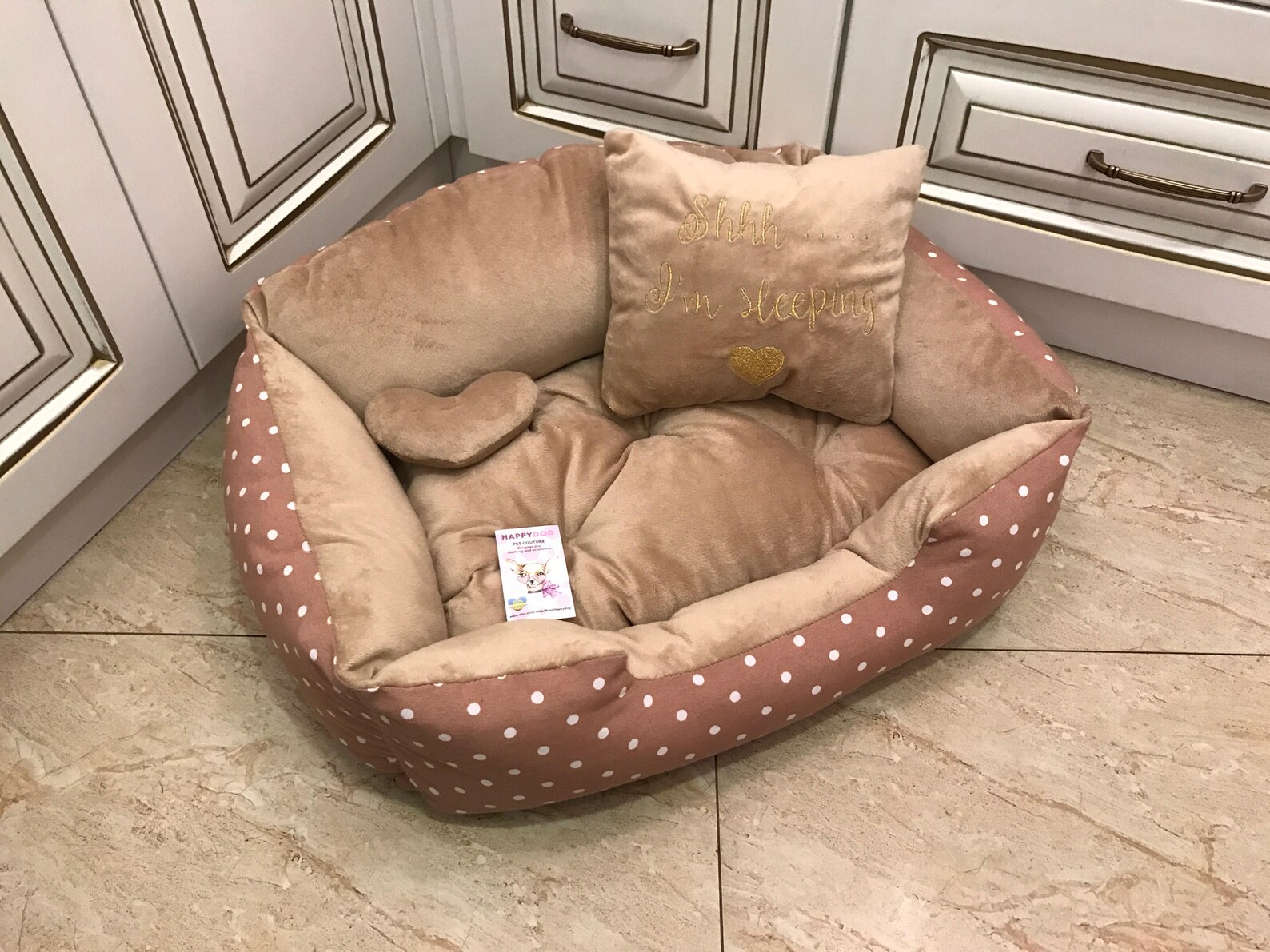 Beige and Polka Dot Dog Bed Princess Dog Bed Personalized Dog Etsy