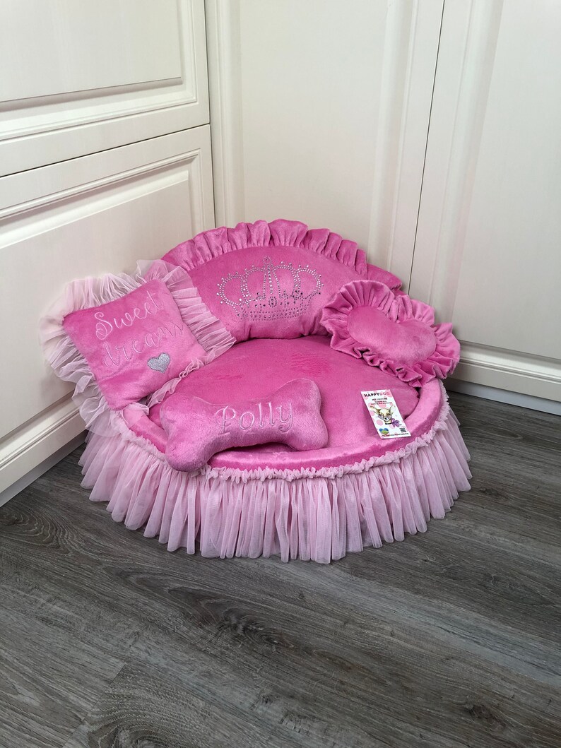 Pink Princess Dog Bed With Crown Sparkles Designer Pet Bed Cat Etsy