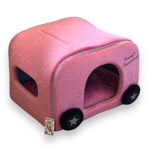 Roze hondencaravan met wielen Aangepaste luxe hondenautomand Designer hondenmand Gepersonaliseerd hondenhok Hondenrijset Verjaardagscadeau voor de hond