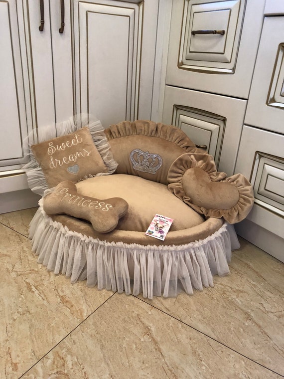 Beige Princess Dog Bed With Crown Sparkles Tan Bed for Dog Etsy