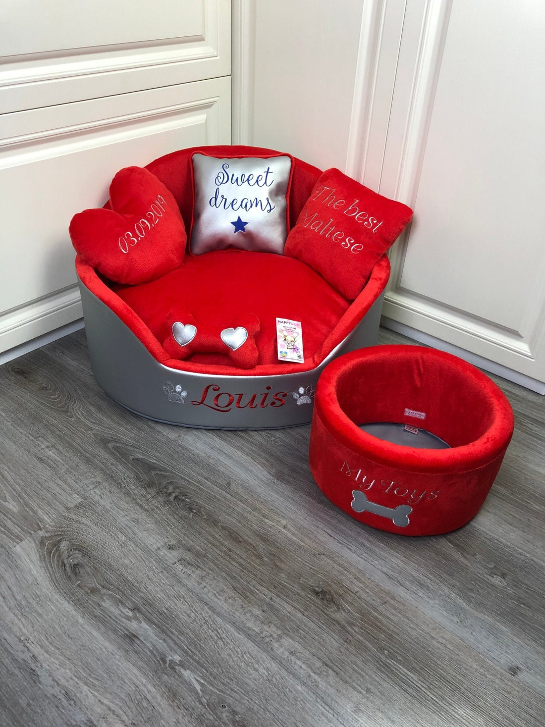 Red and Silver Luxury Dog Bed Eco Leather Pet Bed Designer Pet Bed