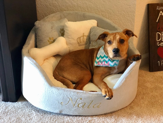 Gray & Cream Plush Dog Bed: Personalized Luxury Pet Sofa
