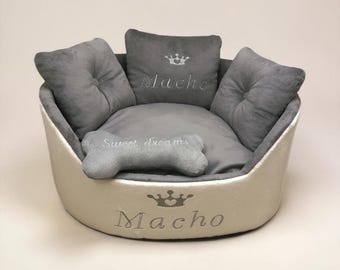 Cama personalizada para perros: Piel sintética Minky gris claro, cama personalizada para mascotas