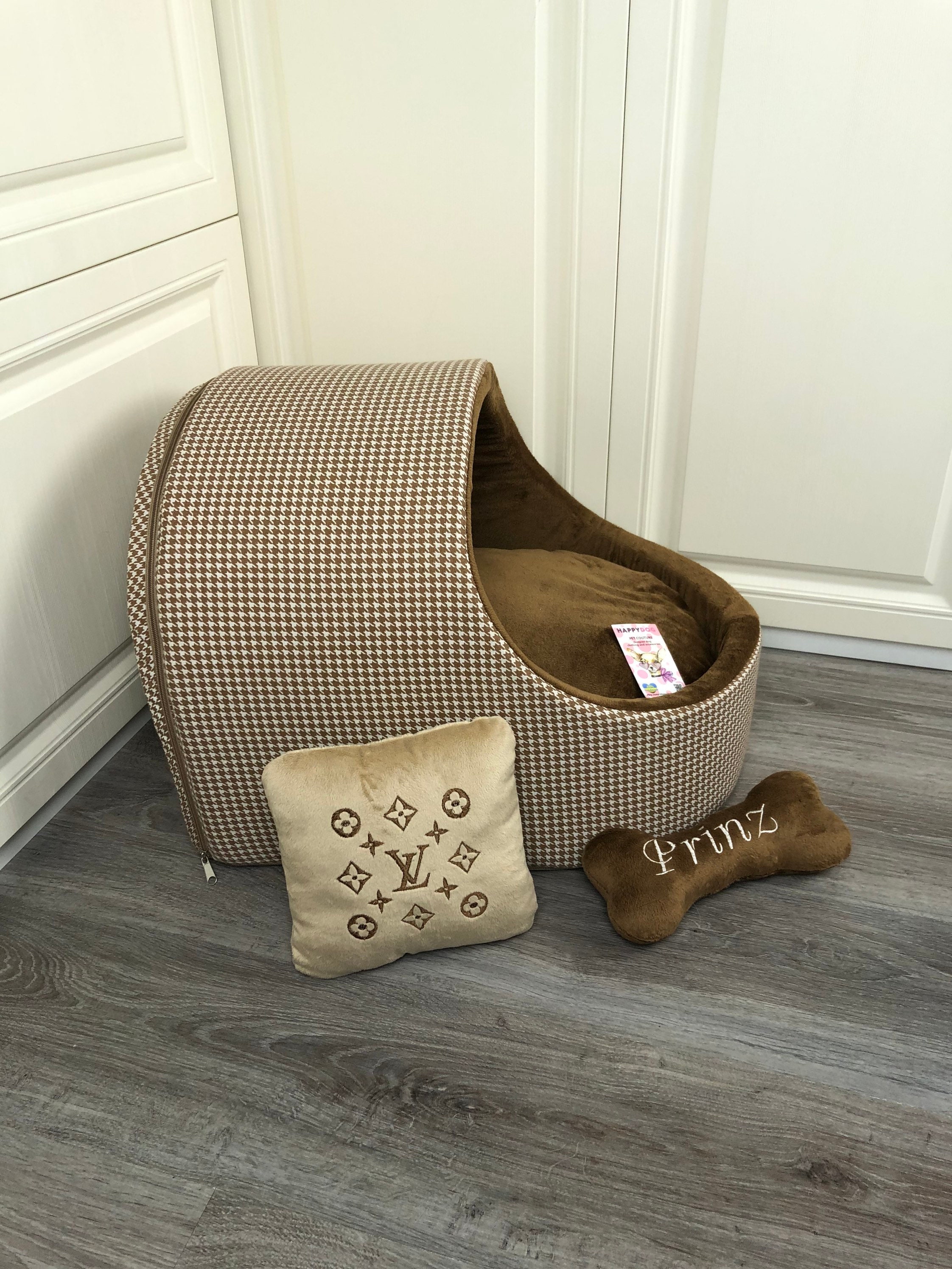 Curated visual reference: Picture Idea: Brown Luxury Dog Cradle Customized Dog Bed Beige Dog Canopy