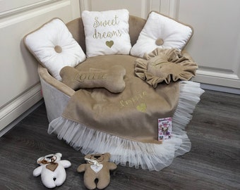 Beige and cream  personalized dog bed Designer pet bed Cat bed Custom made dog bed Personalized dog bed Birthday dog gift