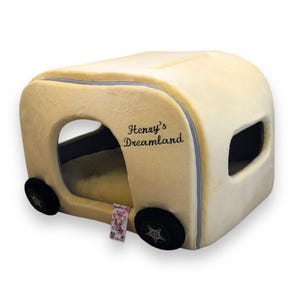 Gele hondencaravan met wielen Aangepaste luxe hondenautomand Designer hondenmand Gepersonaliseerd hondenhok Hondenrijset Verjaardagscadeau voor de hond