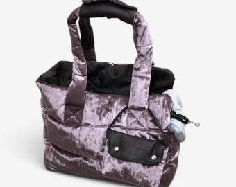 Dusty Pink Velvet Dog Carrier, Luxury Small Dog Travel Bag, Designer Pet Purse with Gray Cushions, Ready to Ship, Size S