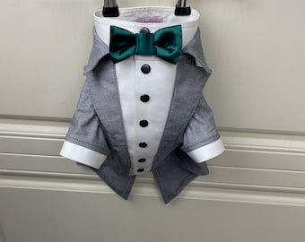 Gray dog tuxedo with emerald green bow Formal suit for dog Evening outfit for dog Yorkie tuxedo Birthday dog costume