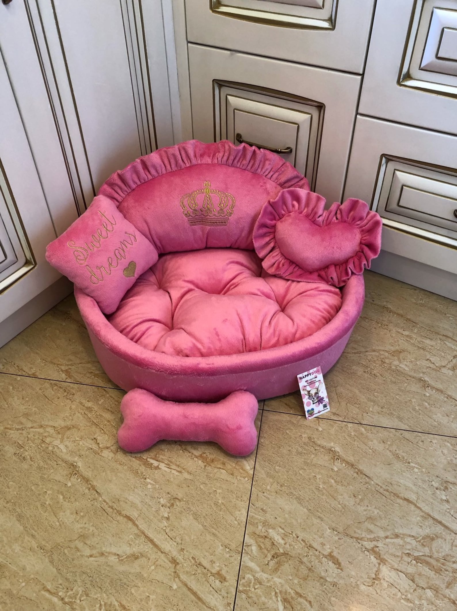 Pink Princess Dog Bed With Golden Embroidery Designer Pet Bed Etsy