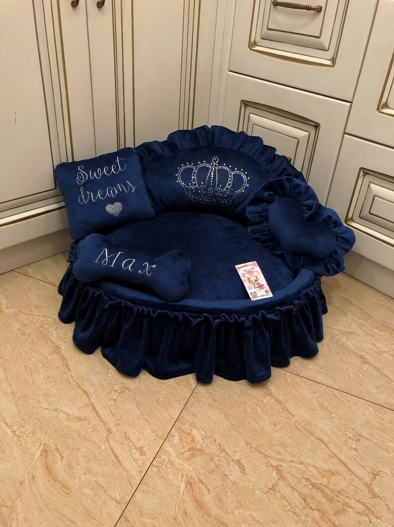 Navy Blue Princess Dog Bed With Crown Sparkles Cat Bed Medium Etsy