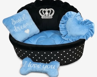 Black Polka Dot Dog Bed: Personalized Blue Pet Bed with Minky Fur