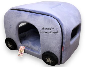 Lavender Minky Fur Pet Caravan Bed: Removable Wheels, Cozy Dog House