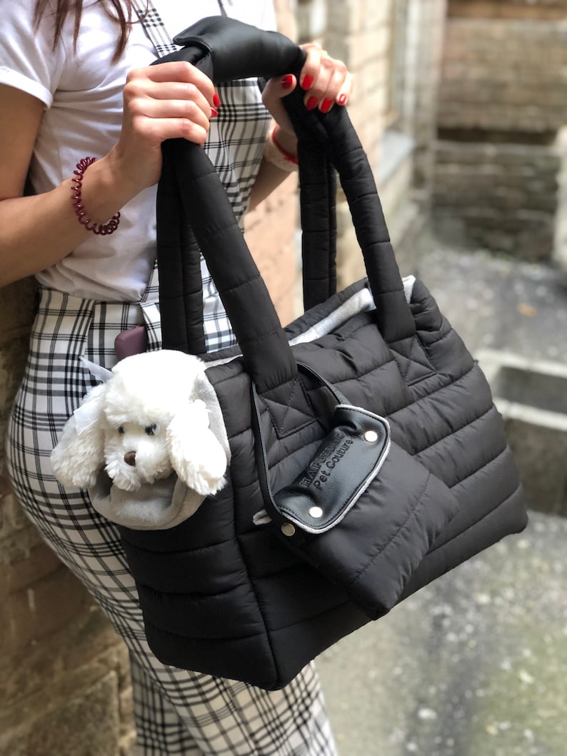 Black and gray designer dog carrier Bag for small dog bag Puppy bag Warm dog carrier Winter dog bag Small dog carry on bag image 3