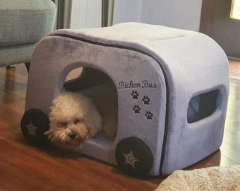 Personalized Dog Caravan Bed: Minky Fur Pet House with Wheels